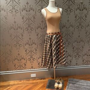 Lapis Brown Beige Plaid Knee Length A-Line Skirt S & Ribbed Tank Top XS